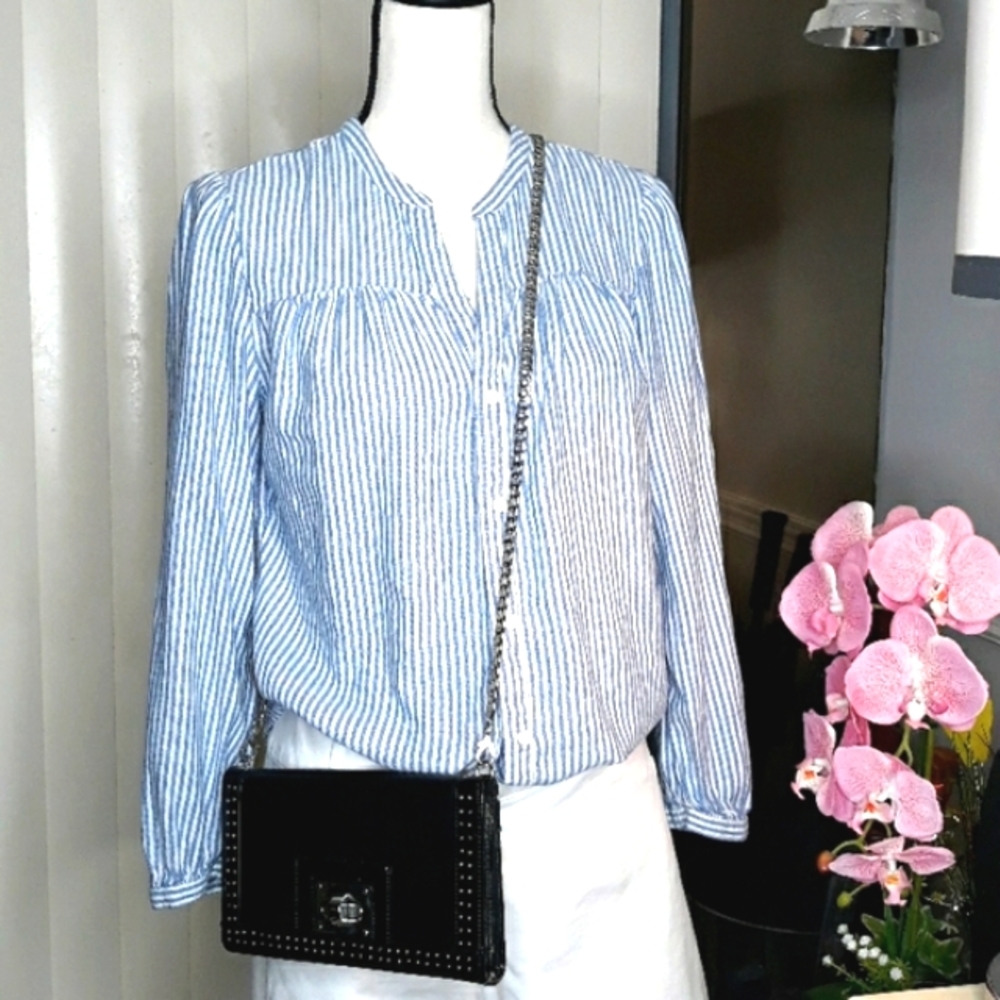 Blue and white Striped Button Up Top S